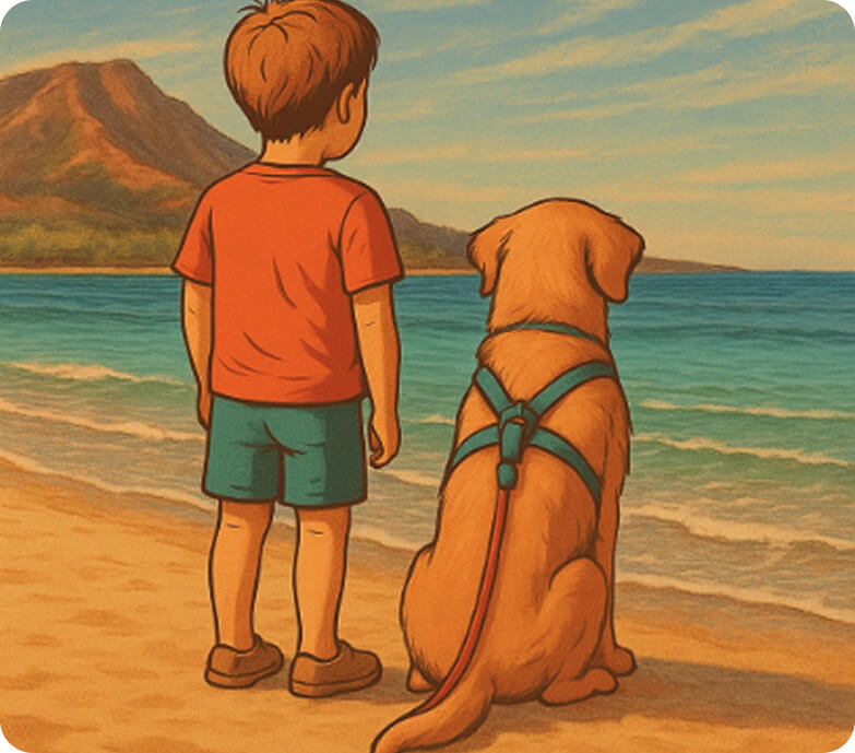 Kid with a dog on the beach